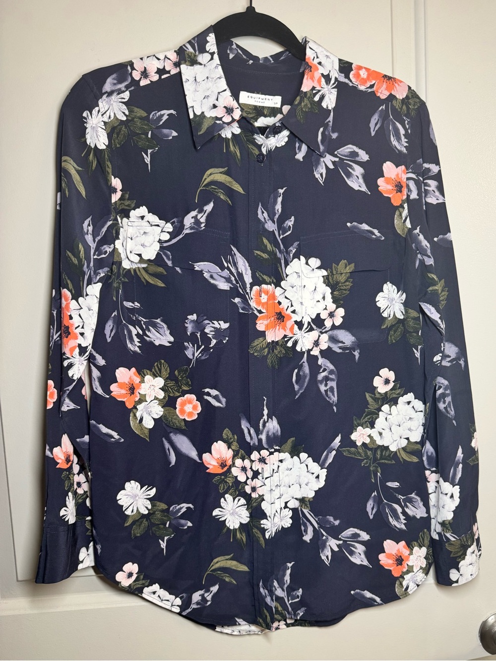 Equipment Navy Floral Silk Button-Down Shirt with White & Coral Flowers